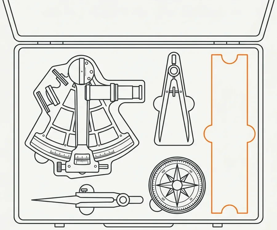 Estuche de instrumentos de navegación abierto — sextante, compás de puntas y rosa de los vientos en sus huecos — con un cuarto hueco vacío marcado en naranja.