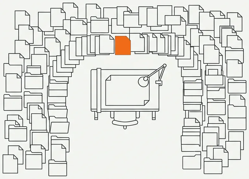 Floor plan of a single desk surrounded by an arch of dozens of folders and documents; only one, the one reaching the desk, is highlighted.