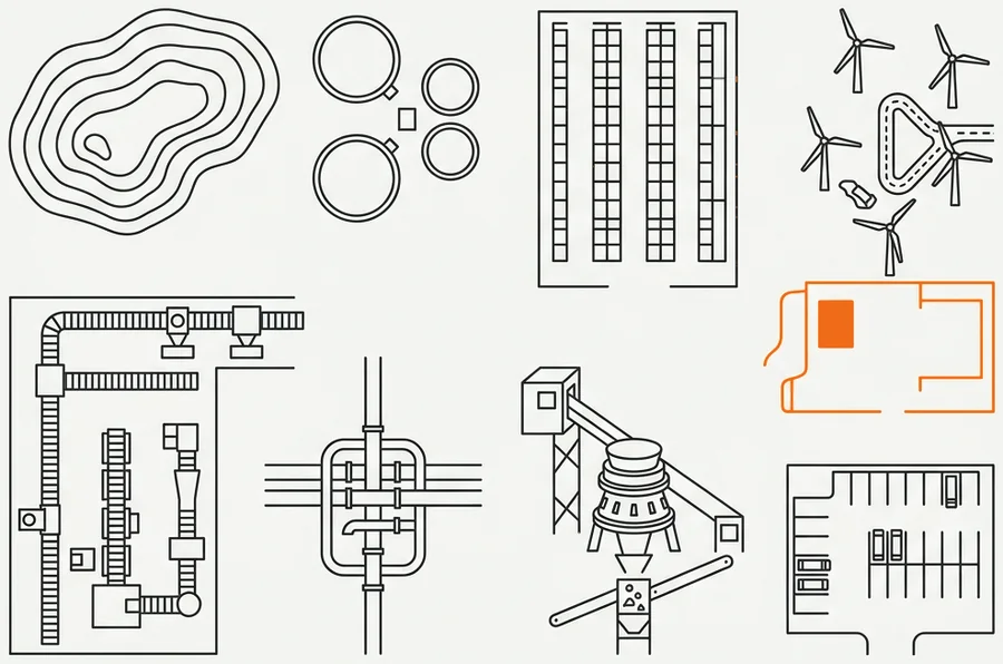 Specimen sheet of plans of different facilities — a mine, a water plant, a warehouse, a wind farm, a packaging line, a pipeline junction — with one of them highlighted.